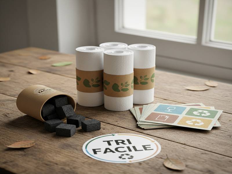 Collection d'accessoires : rouleaux de sacs, filtres charbon et étiquettes de tri