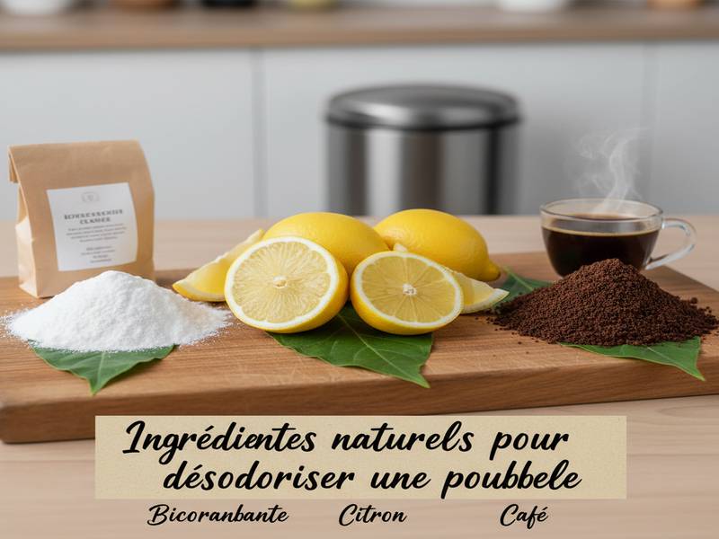 Ingrédients naturels pour désodoriser une poubelle : bicarbonate, citron et café