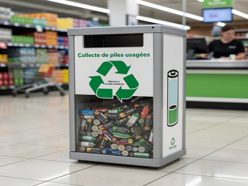 Borne de collecte de piles usagées dans un supermarché.