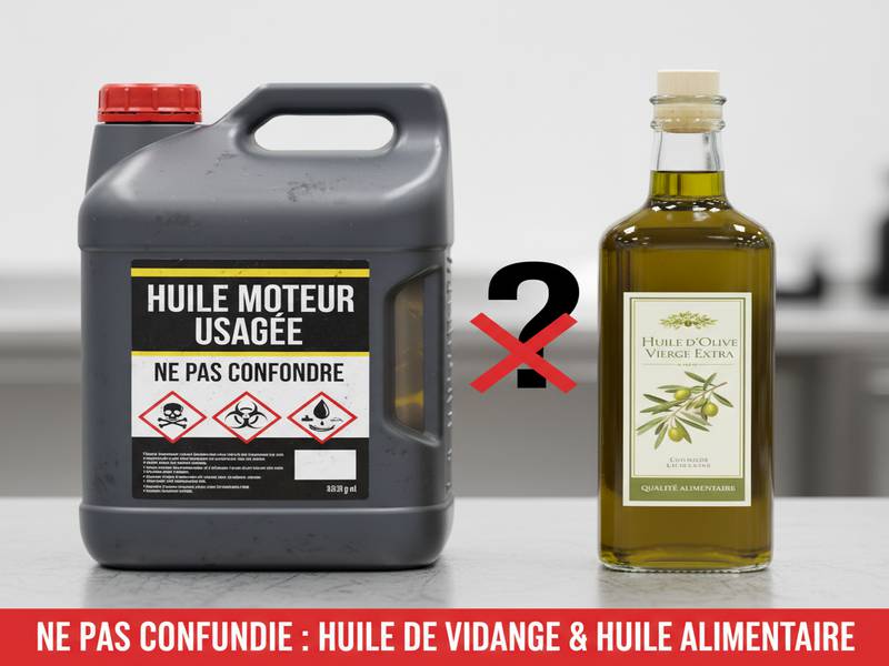 Bidon d'huile de vidange et huile alimentaire : ne pas confondre.