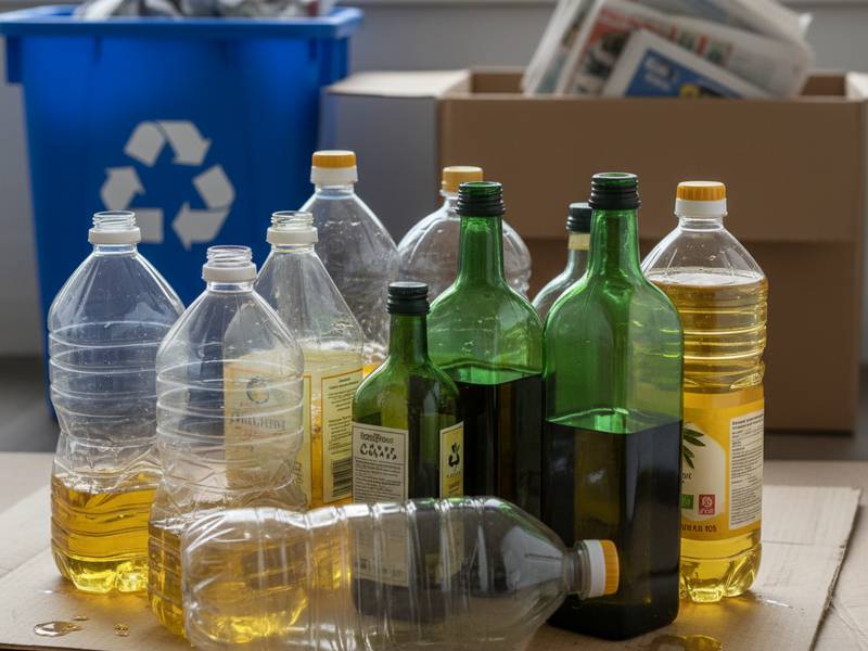 Différentes bouteilles d'huile (plastique et verre) prêtes pour le tri.