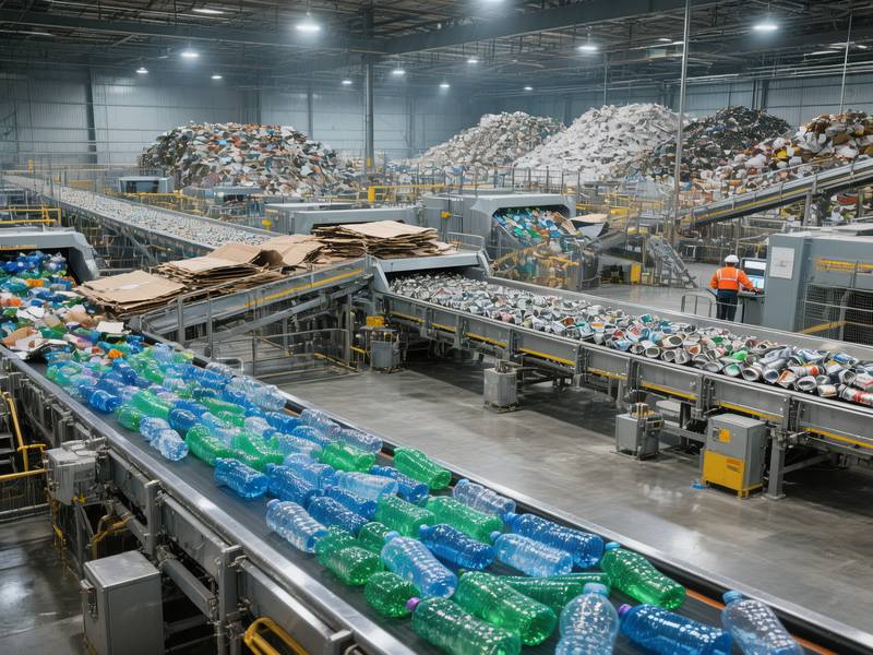 Vue intérieure d'un centre de tri moderne avec tapis roulants et déchets triés.