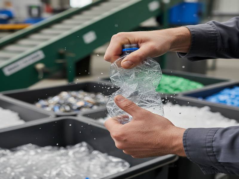Mains écrasant une bouteille en plastique pour réduire son volume