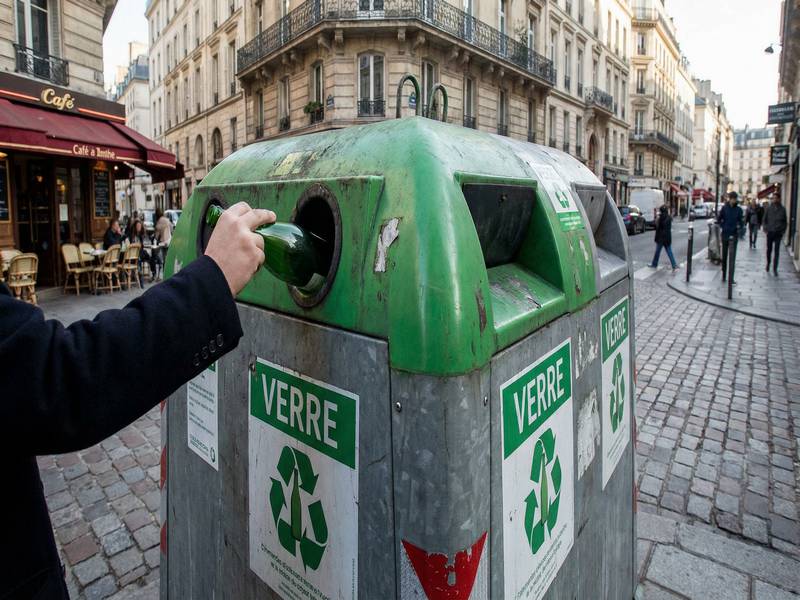 Insertion d'une bouteille verte dans un conteneur à verre de rue