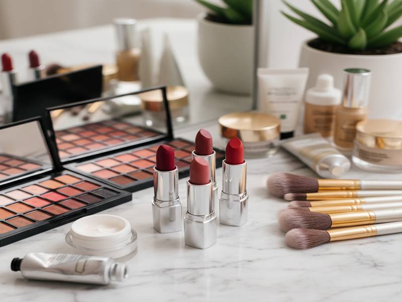 Assortiment de produits de beauté : rouge à lèvres, palettes, pinceaux et crèmes.
