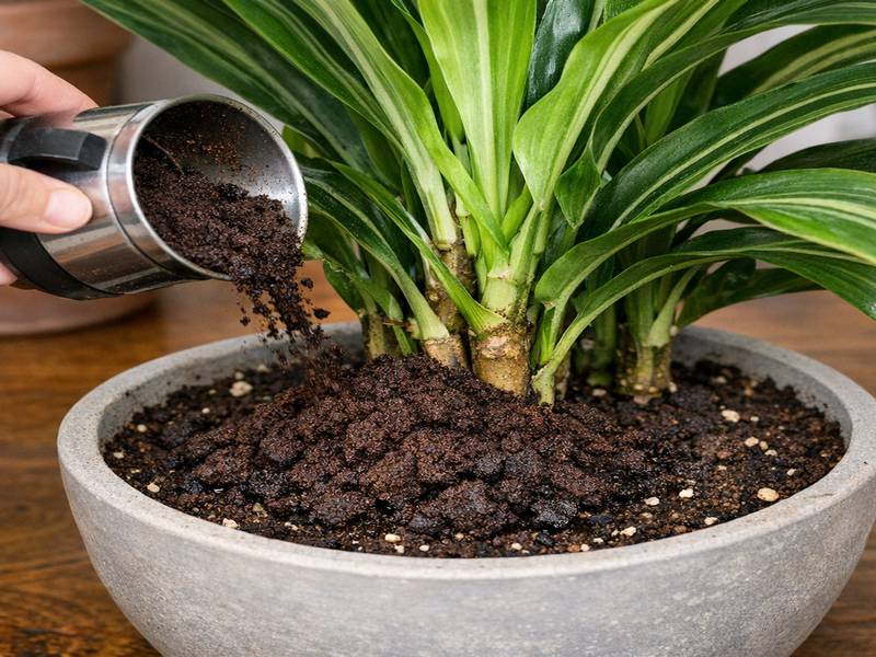 Du marc de café versé au pied d'une plante verte.