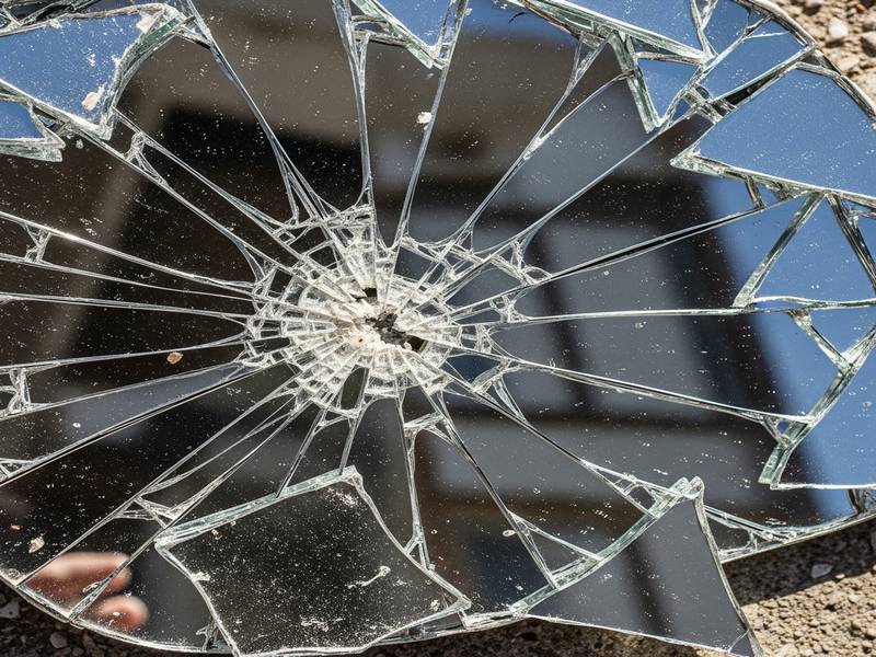 Gros plan sur un miroir brisé avec reflets, prêt à être jeté.