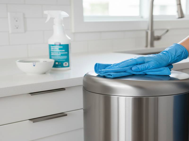 Nettoyage d'une poubelle en acier inoxydable avec un chiffon microfibre