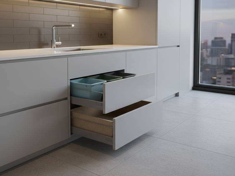 Cuisine moderne avec tiroir de tri sélectif intégré sous plan de travail
