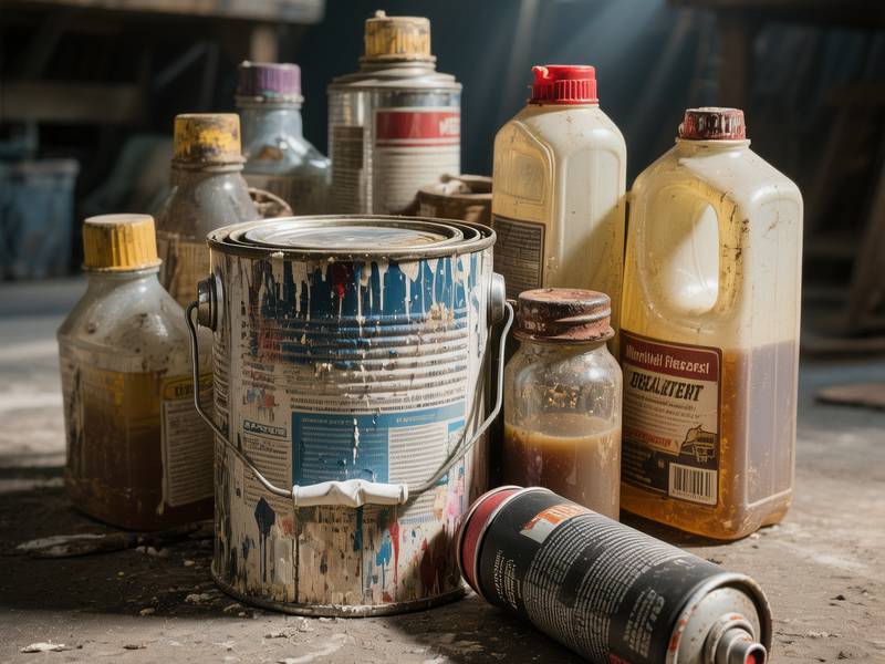Pots de peinture et bouteilles de solvants prêts à être triés.