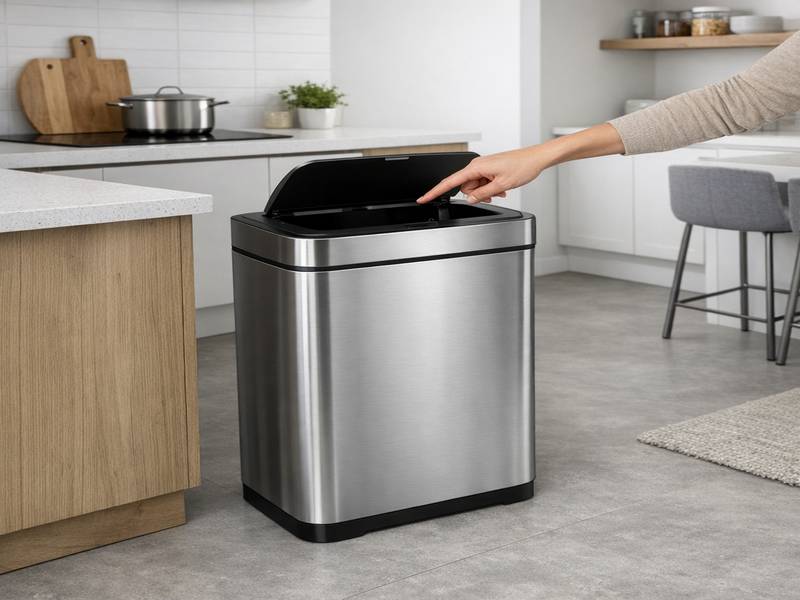 Poubelle Touch Bin rectangulaire ouverture tactile dans une cuisine moderne.