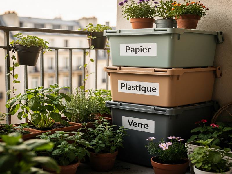 Bacs de tri empilables sur un balcon avec des plantes.