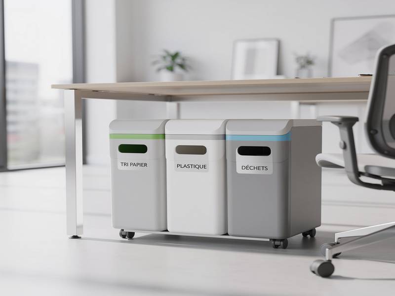 Corbeille de tri design sous un bureau moderne.