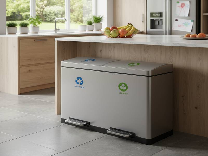 Grande poubelle de tri sélectif double compartiment dans une cuisine familiale.