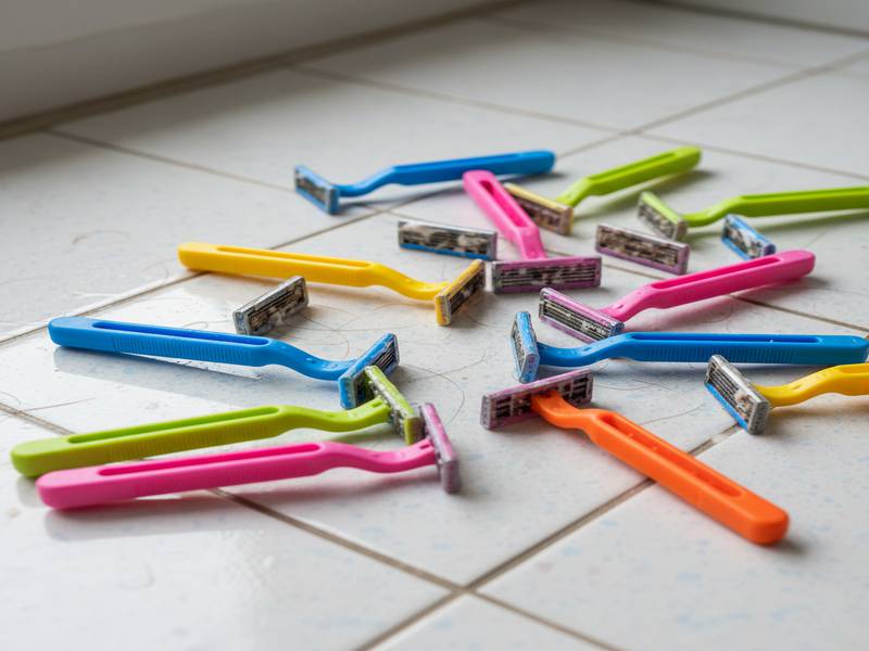 Plusieurs rasoirs jetables colorés et têtes de rasoir usagées.