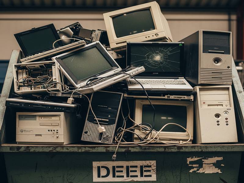 Vieux ordinateurs portables et tours empilés dans un bac de collecte DEEE.