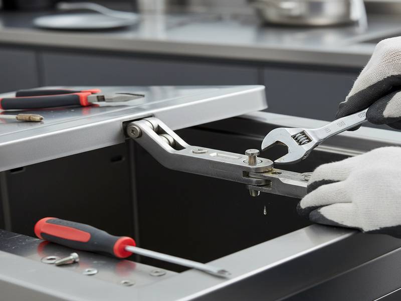 Vue détaillée d'une charnière de poubelle en inox avec outils de réparation.