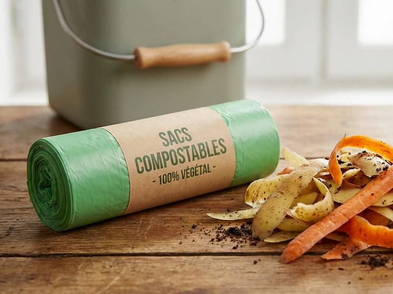 Rouleau de sacs poubelle verts compostables à côté d'épluchures de légumes.