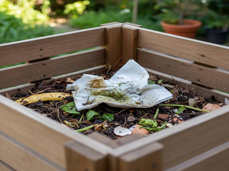 Serviette papier dans un bac à compost