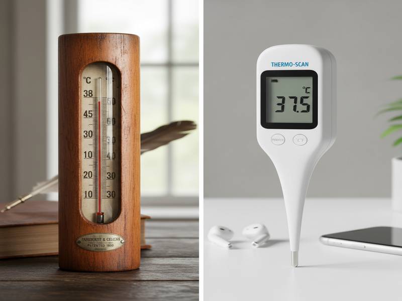 Comparaison entre un vieux thermomètre au mercure et un thermomètre digital moderne.